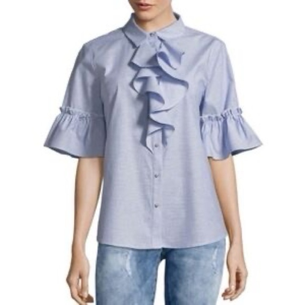 Karl Lagerfeld Light Blue Bell Ruffle Sleeve Pearl Buttoned Blouse